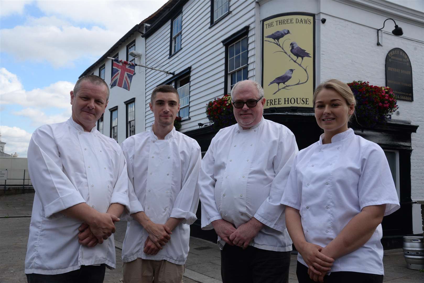 Simon Pritchard, Jacob Barber, Vince Bushell and Georgia Tall, chefs at the Three Daws, Town Pier, Gravesend who have been listed 8th in the Daily Mail for their best Sunday roasts. Picture: Chris Davey. (3711499)