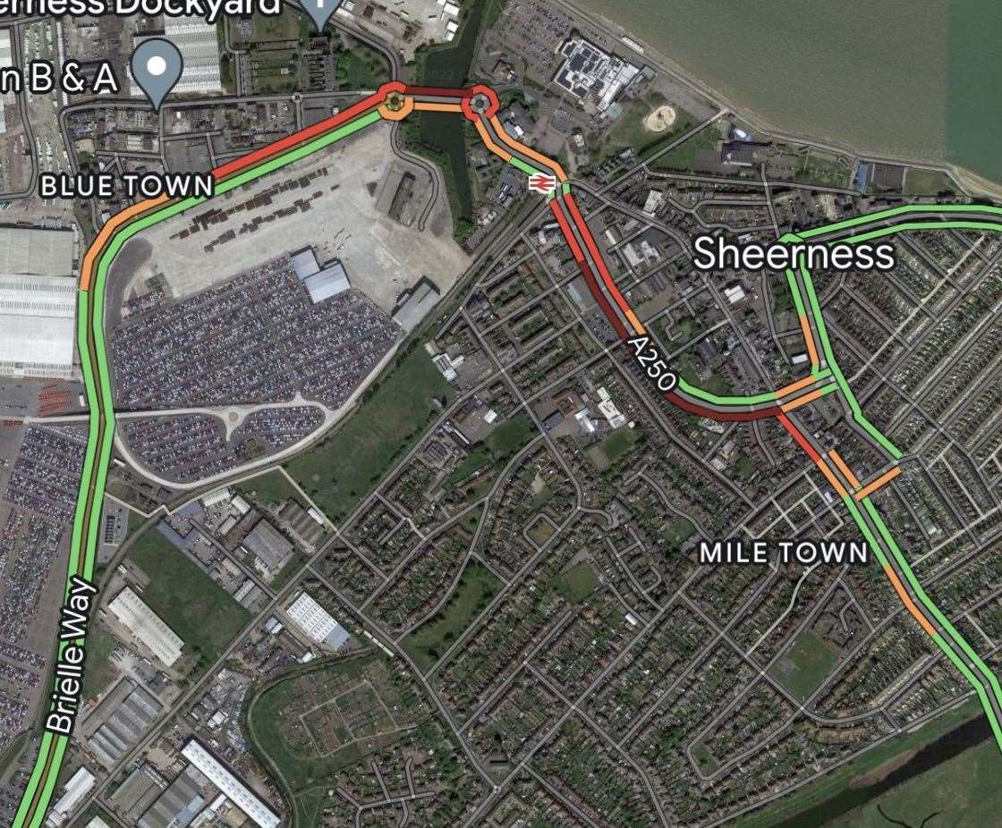 Sheerness roads gridlocked by drivers trying to get fuel at Tesco this morning. Picture: Googlemaps