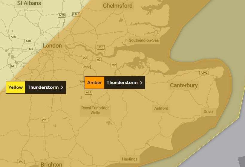 An amber thunderstorm warning is in place across Kent today. Picture: Met Office