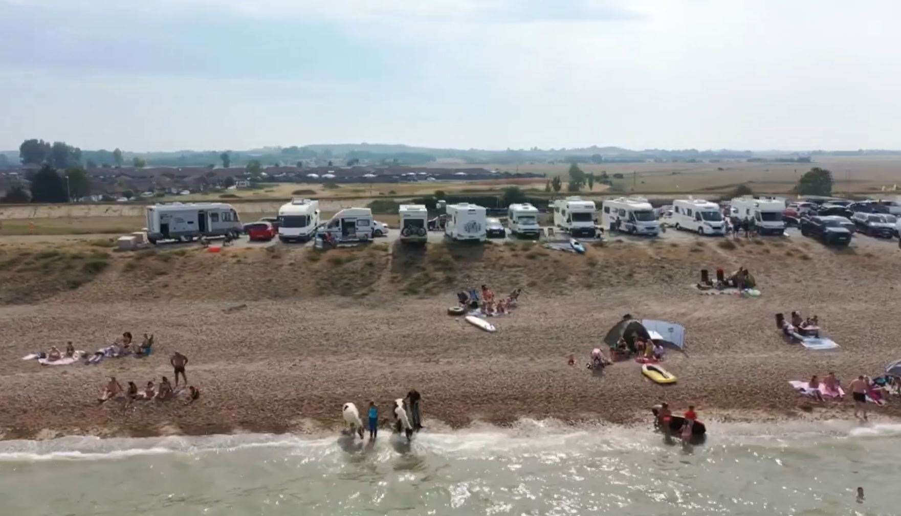 The Shingle Bank at Minster on the Isle of Sheppey showing cars parked along the top. Motorhomes are now restricted to a small area near the White House. Drone picture: Ricky Wooding