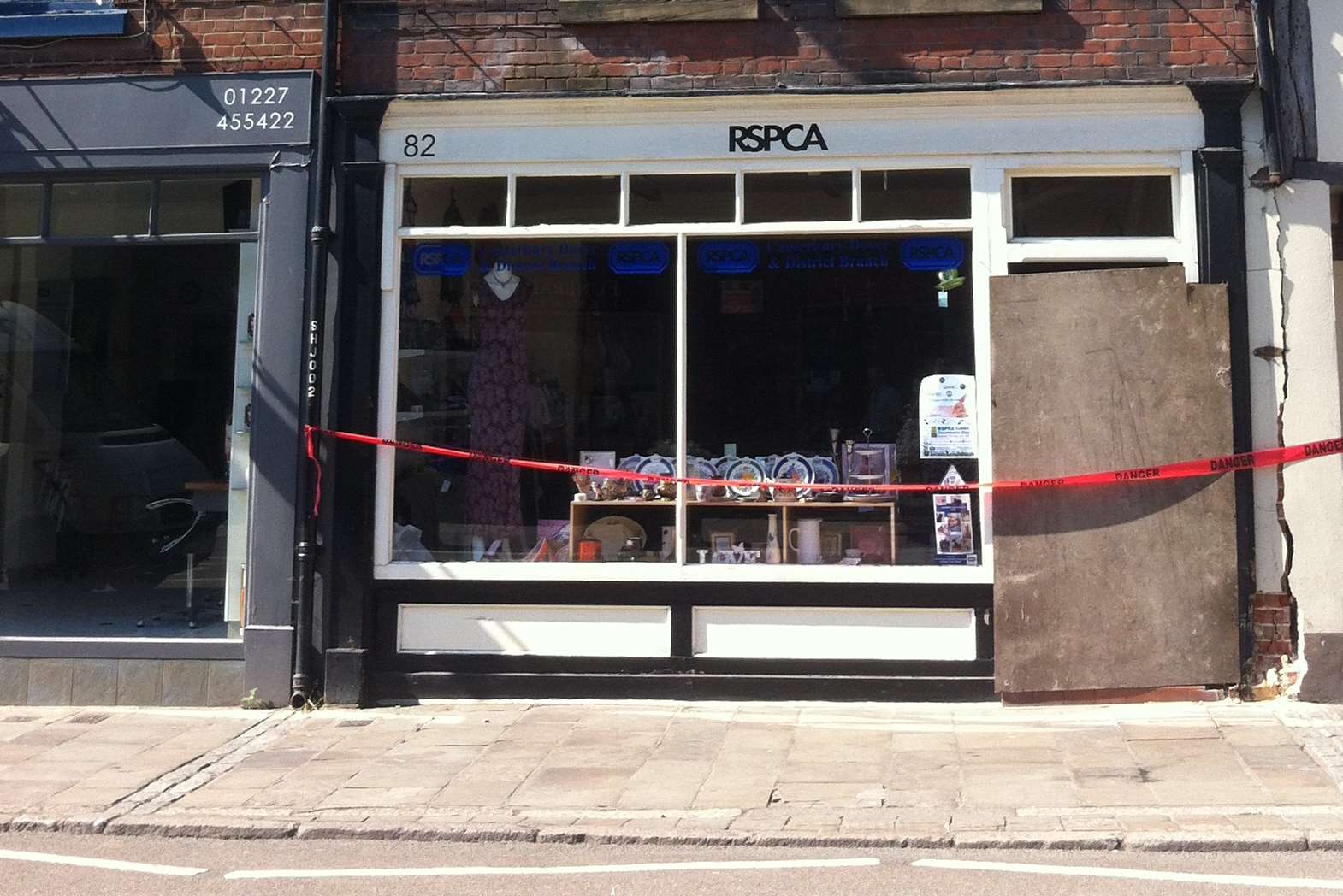 The damaged RSPCA shop in St Dunstan's Street