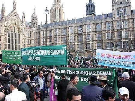 The scene at Westminster, last week, where 50 Gurkhas handed back their long service medals in protest