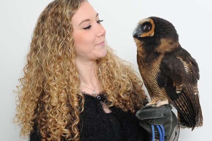 Natasha Welch with her pet owl Haru that she hand reared