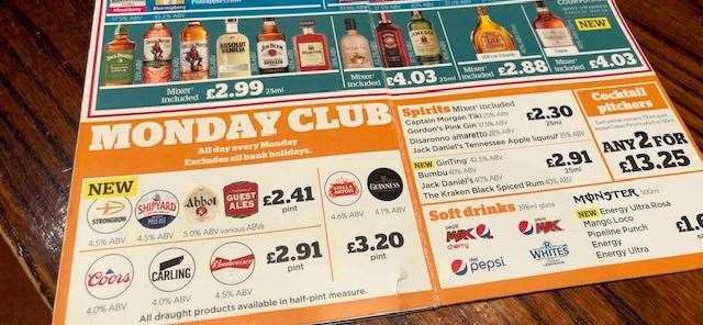 Advertised on a leaflet on our table was Monday Club, which offered even cheaper prices, but it wasn’t an option for a bank holiday