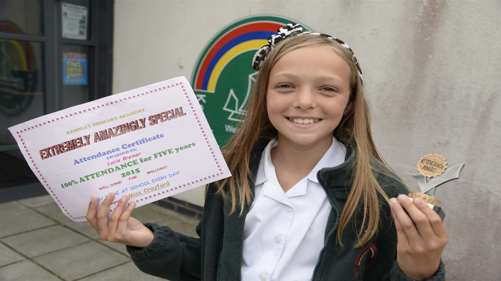 Lucie Breiner who has achieved 100% attendance for five years at Kemsley Primary Academy