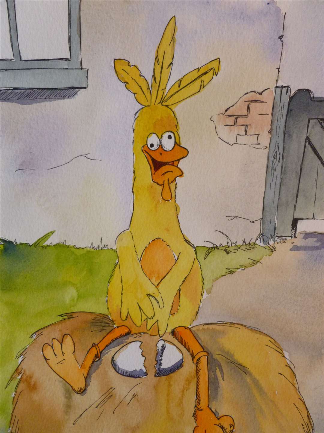 Eggwina Cluckbucket chicken from Number 3 Tin Cottage, created by Meryl Lebrooke. Drawing by John Gevaux-Ross