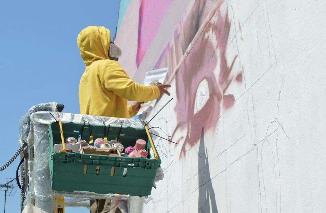 The mural in Margate during painting. Picture: Rise Up Residency