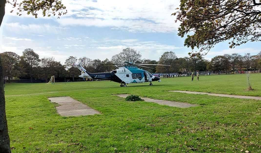 The air ambulance at the Warre Recreation Ground, which is near Ramsgate railway station