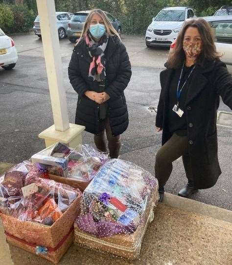 From left: Lisa Farrell and Leanne Drake, from Craylands Primary School parent support team, drop off deliveries to Haslington Lodge care home