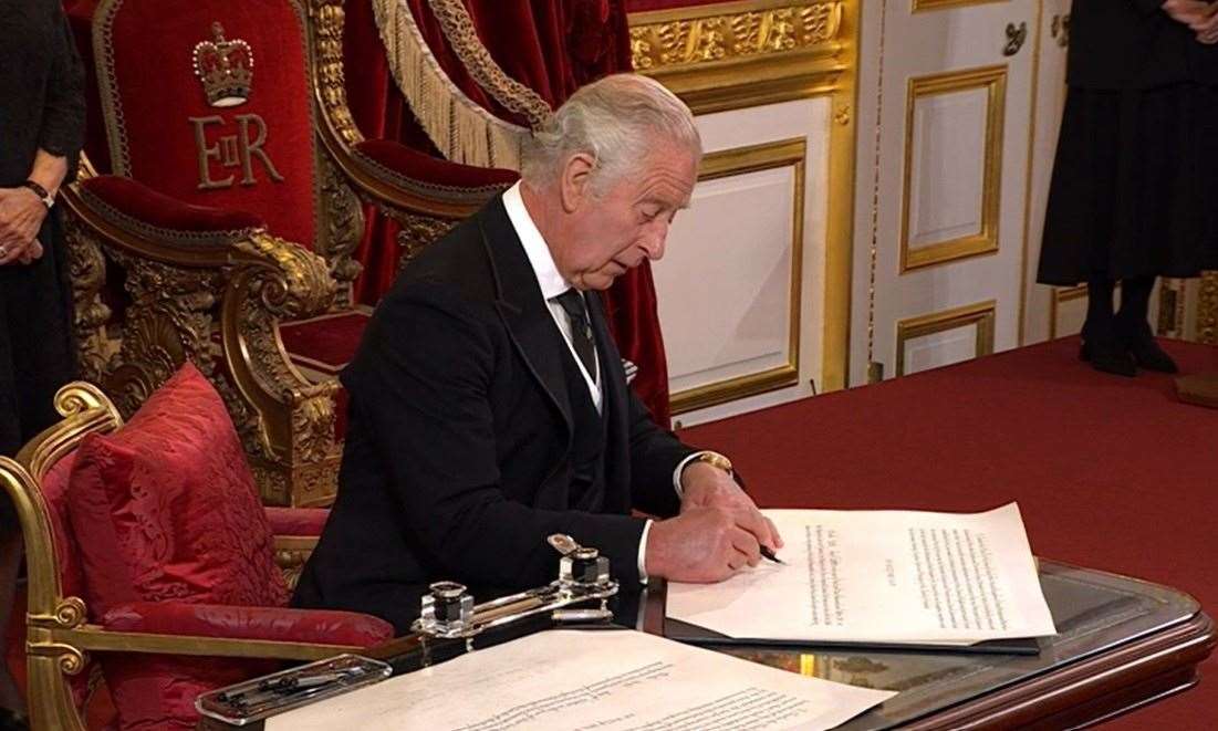 The King signed the oath he declared in front of the Privy Council. Picture: BBC