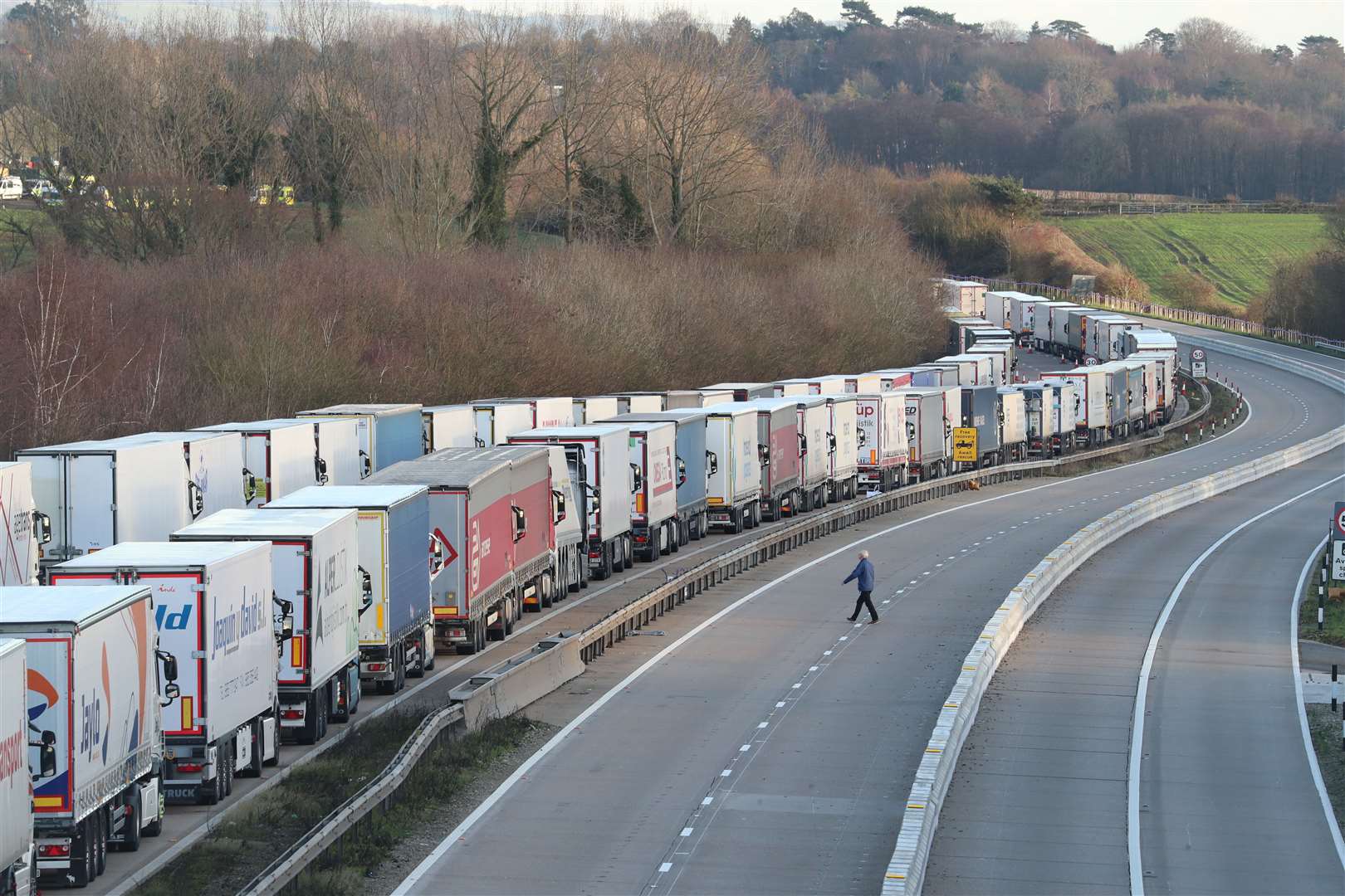 Freight lorries lined up on the M20 near Ashford, Kent (Gareth Fuller/PA)