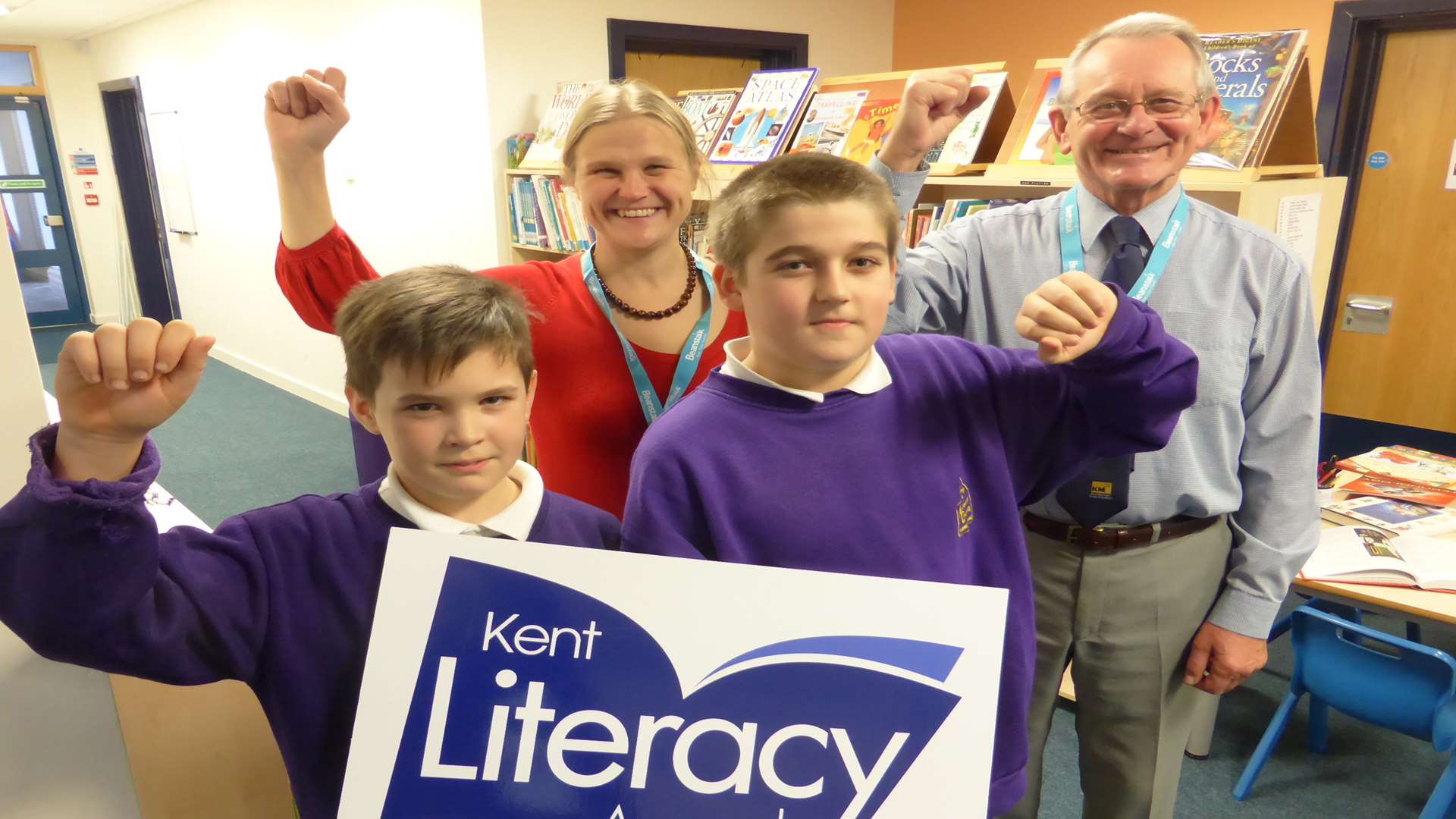 Malou Bengtsson-Wheeler and Pat Lacy of Beanstalk announce support of Kent Literacy Awards 2016 with pupils Bruce Thorpe and Jack Webb from Archbishop Courtney CE Primary School, Maidstone
