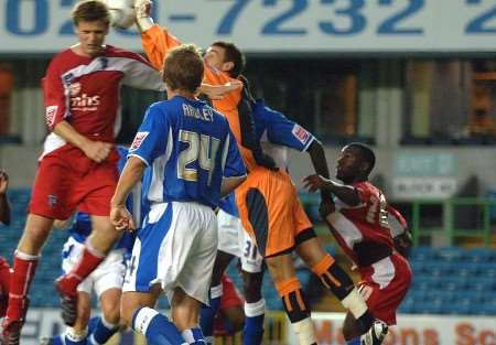Millwall keeper Lenny Pidgeley halts a Gillingham attack. Picture: BARRY GOODWIN