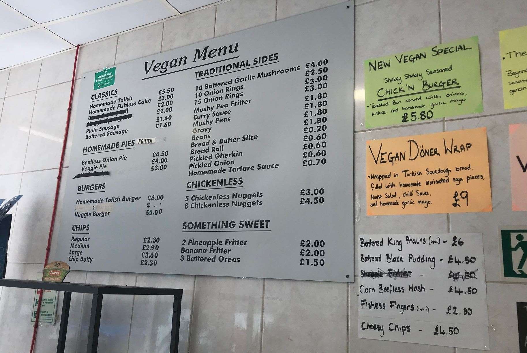 The vegan menu (the one with the regular fish and meat products is behind the counter in the traditional spot) from our visit to Shakey Shakey Fish Bar last year