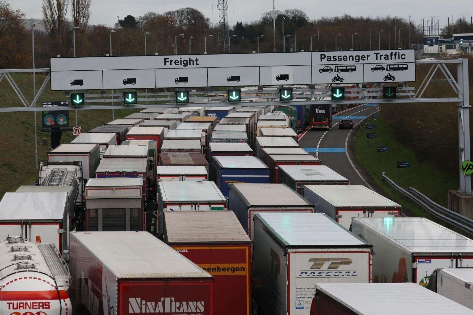 Huge queues have formed leading to the Eurotunnel, as French authorities trial post-Brexit procedures. Picture: UKNip (43260460)