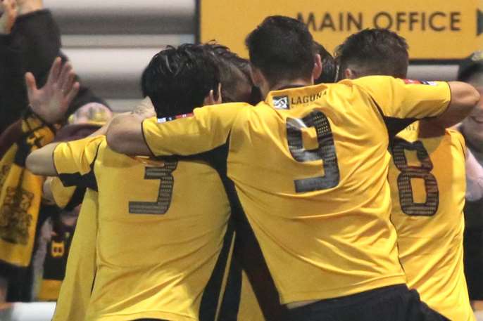 Maidstone celebrate their second goal against Stevenage in the FA Cup first round replay at the Gallagher Stadium last season Picture: Martin Apps
