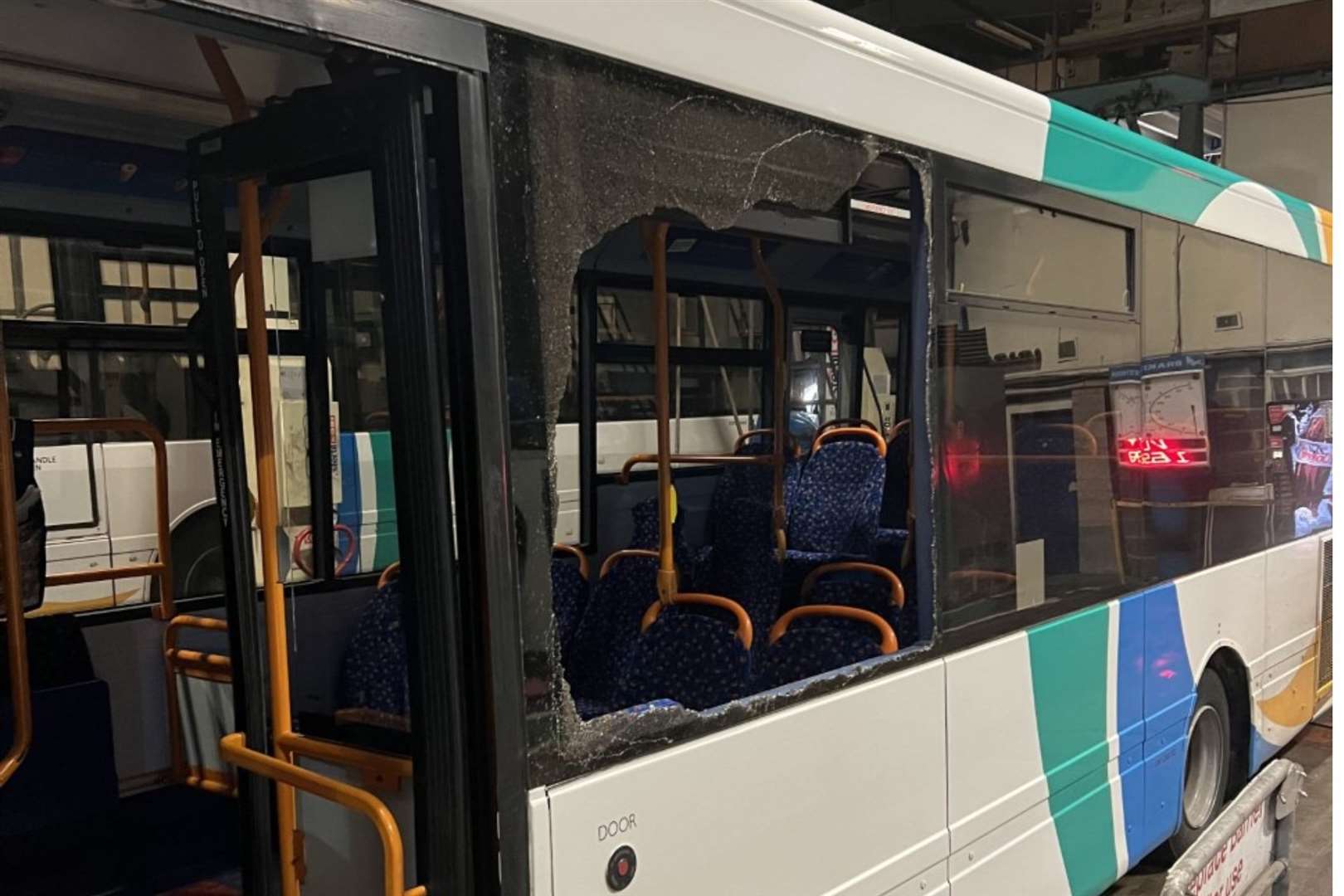 The damage done to one Stagecoach bus in the Trinity Road area of Ashford. Photo: Stagecoach