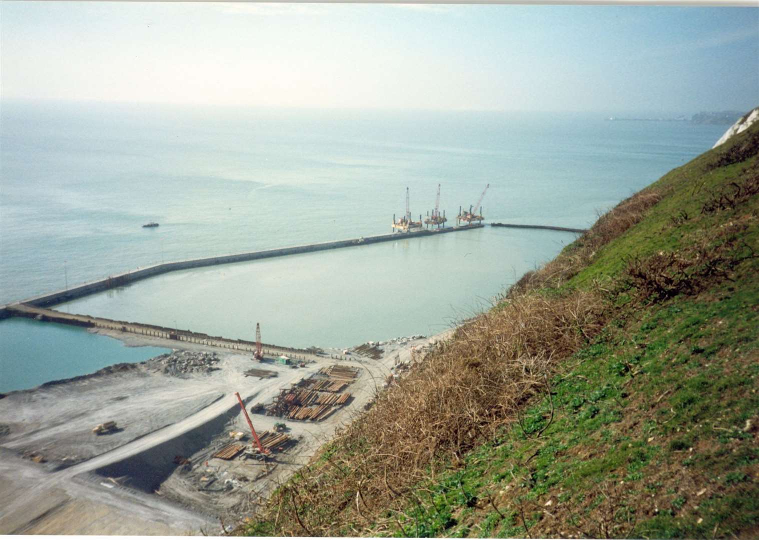 Work on the Channel Tunnel site in 1988, showing the lagoons to be filled with excavated spoil to create Samphire Hoe
