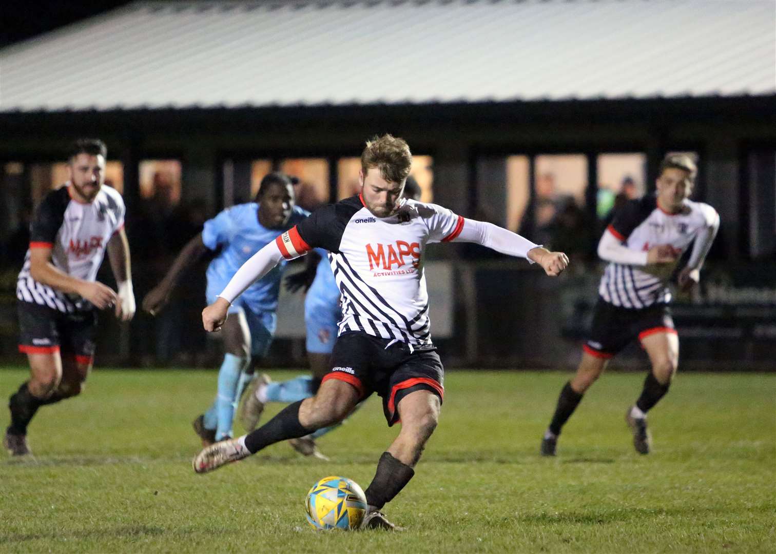 Deal's Macauley Murray scores from the penalty spot in the 97th minute of the Kent Senior Trophy tie against Glebe Picture: Paul Willmott