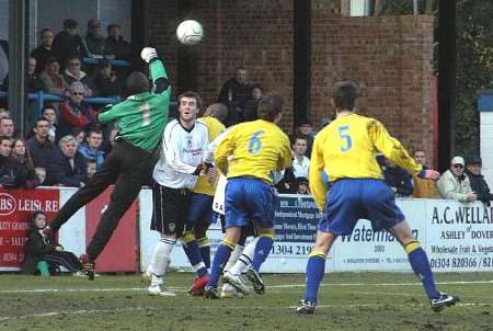 NO WAY THROUGH: Yeading keeper Delroy Preddie shows his agility in clearing a Dover attack. Picture: PAUL AMOS