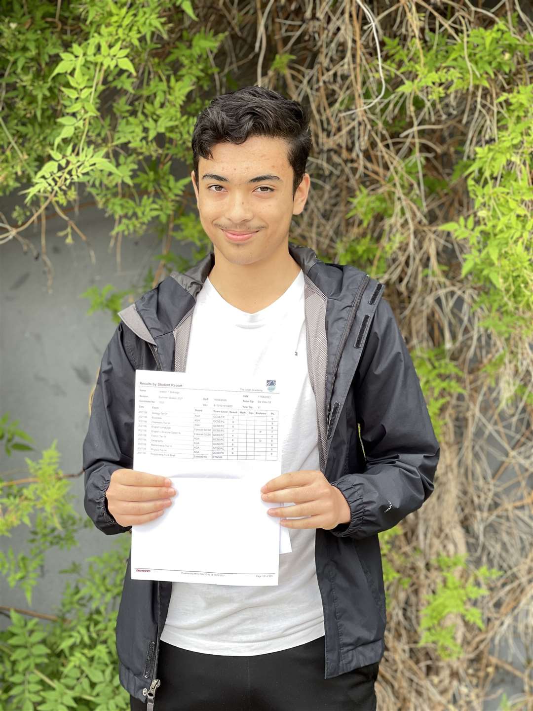 Leigh Academy pupil Joseph got grade 9 in maths, biology, physics, chemistry and business studies, 8 in French and geography, 7 in English language and Distinction* in Performing Arts Acting
