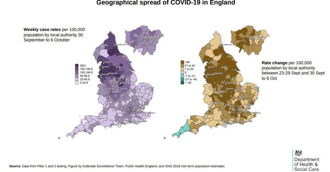 The areas where coronavirus has increased by the greatest rate are shown in dark brown on the right