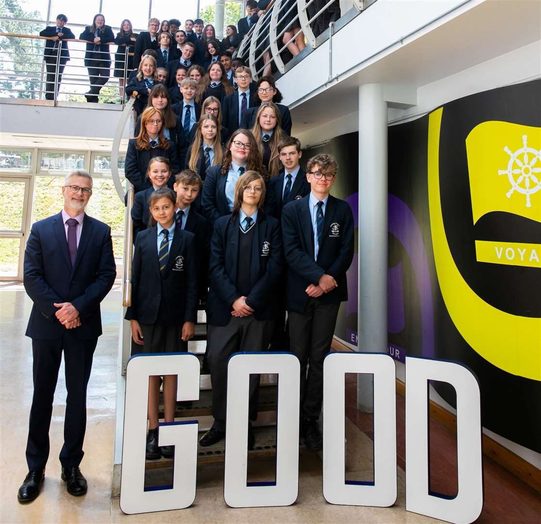 Homewood Principal Jeremy Single with students celebrating the school's new 'Good' ofsted rating