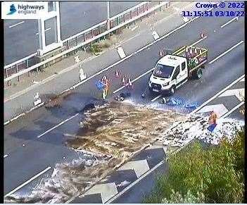 A diesel spillage on the M20 has caused hours of delays. Picture: National Highways