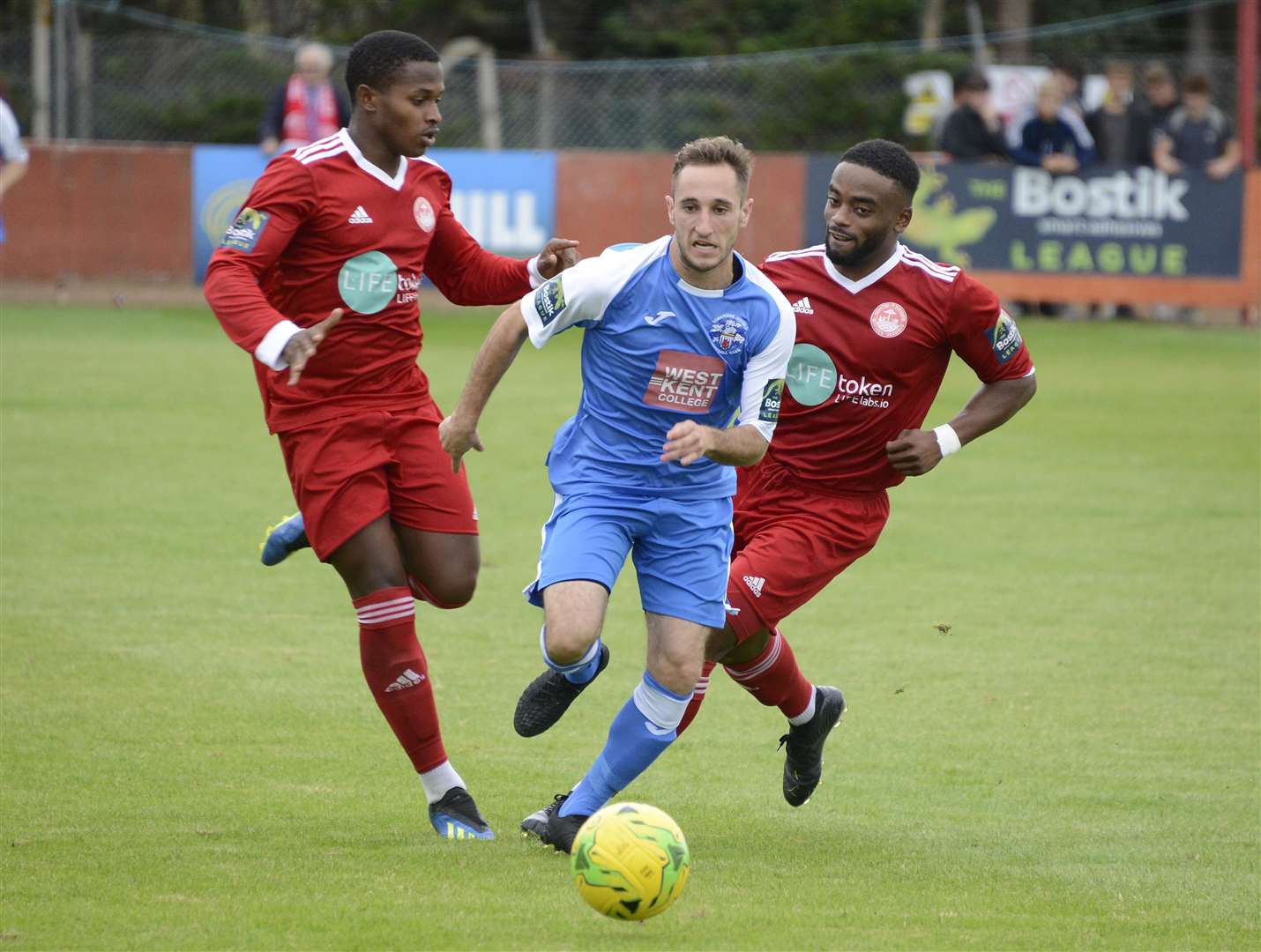 Tonbridge (blue) on their way to a 2-0 win at Hythe Picture: Paul Amos