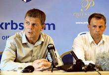 Gillingham manager Andy Hessenthaler and his assistant Mark Robson speak to the media at Priestfield on Tuesday