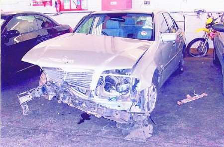 Diane Roper's wrecked Mercedes, which was crashed into a barrier