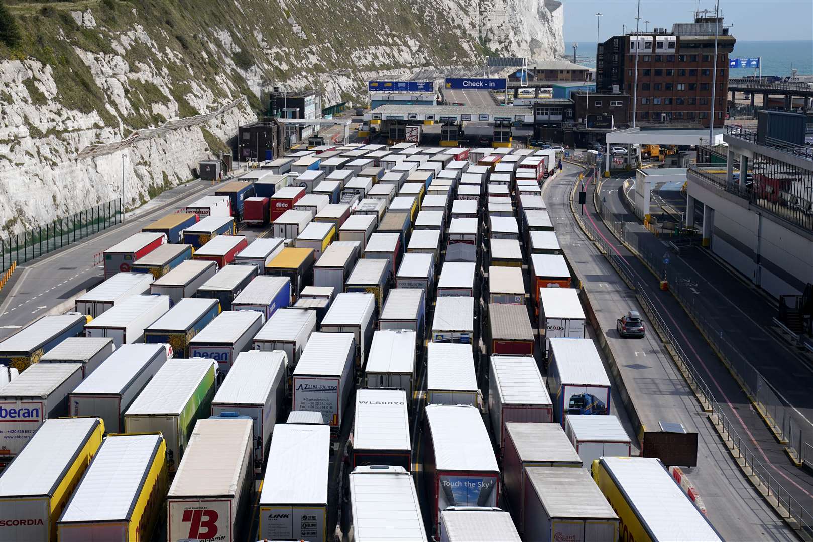 Freight lorries queue at the Port of Dover on Tuesday (Gareth Fuller/PA)