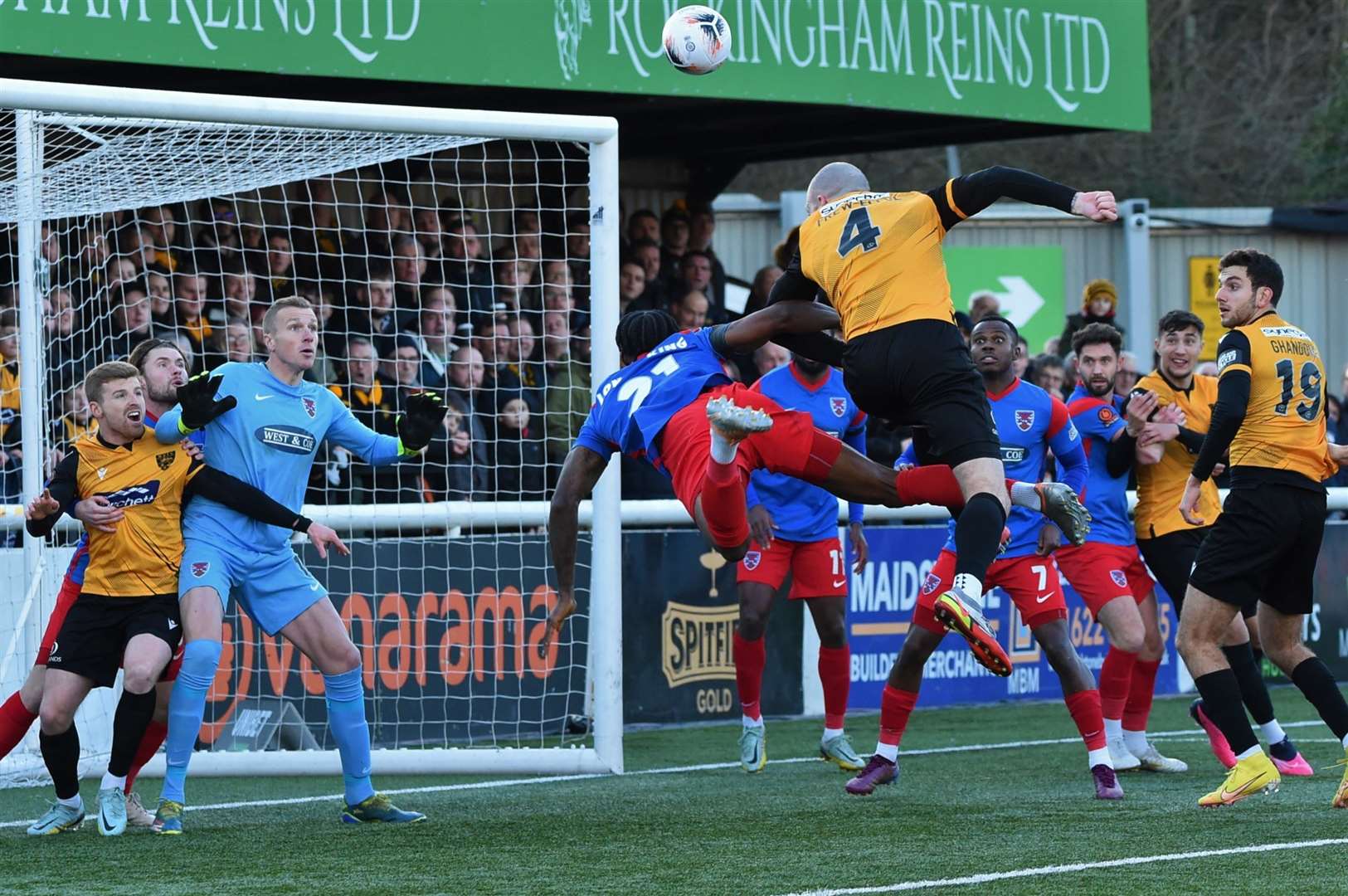 Maidstone defender Joe Ellul goes for goal from a corner. Picture: Steve Terrell