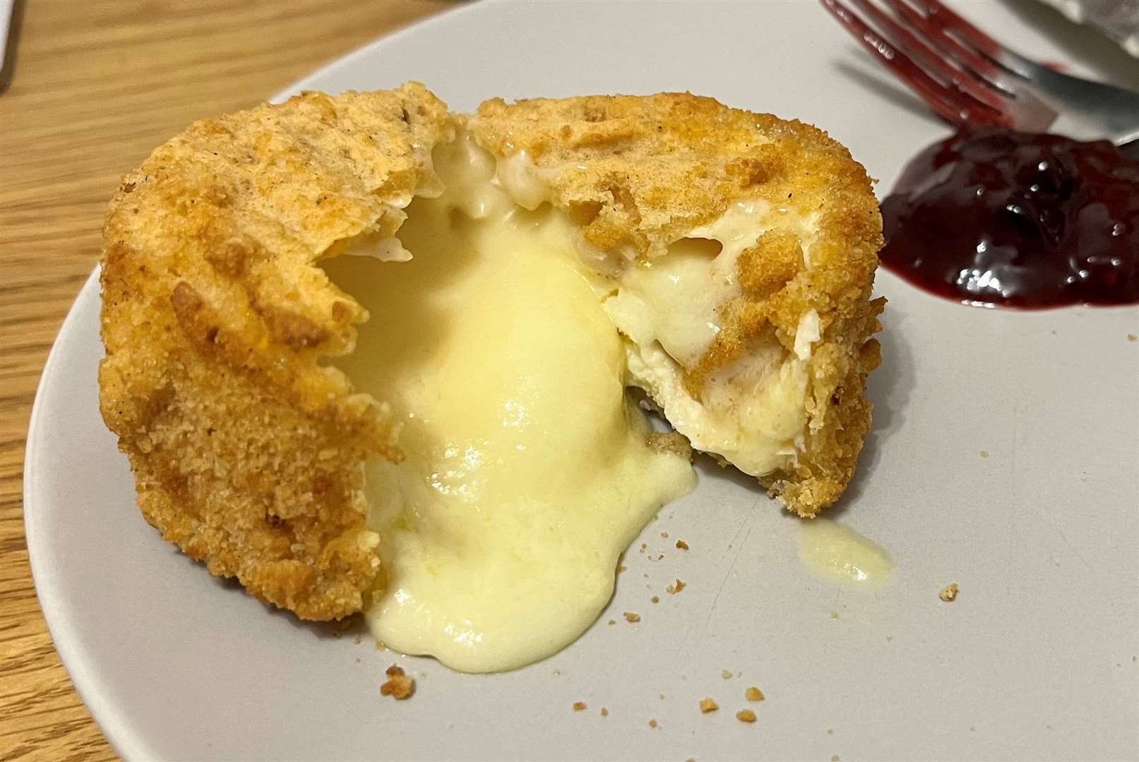 Inside the breaded camembert which paired perfectly with the berry compote