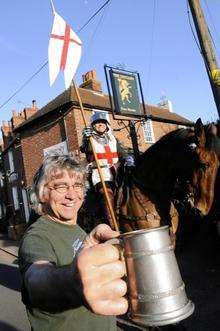 St George arrives at the Unicorn pub, Bekesbourne to launch beer festival.