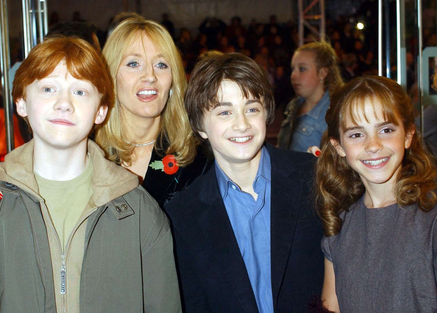 The stars of the film, Rupert Grint, Daniel Radcliffe and Emma Watson, with author JK Rowling at the world premiere of Harry Potter and the Philosopher's Stone at the Odeon Leicester Square in London on Sunday, November 4 2001 - exactly 20 years ago today. PA photo: William Conran