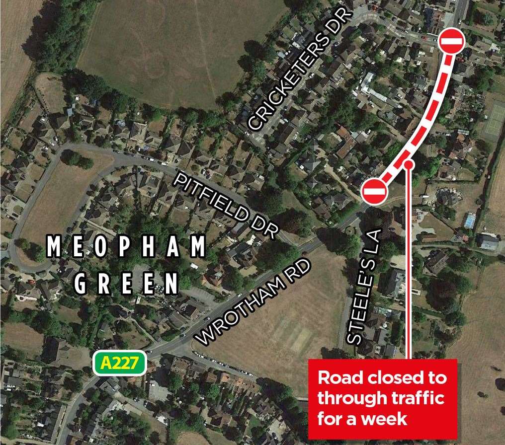 The A227 Wrotham Road is closed between Meopham Green and Cricketers Drive
