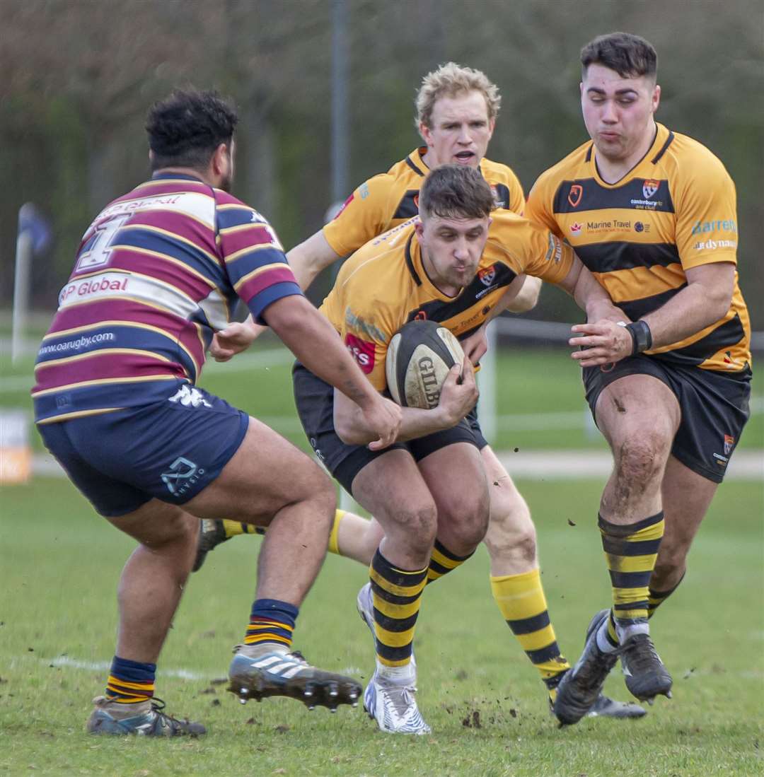 Canterbury's Lewis Hollidge on the offensive against Old Albanians. Picture: Phillipa Hilton