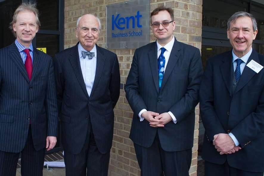 Enterprise Day 2014 at Kent Business School, University of Kent. From left, director of external services at KBS David Williamson, the Prime Minister's adviser on enterprise Lord Young, KBS director Martin Meyer and University of Kent pro-vice chancellor Professor John Baldock