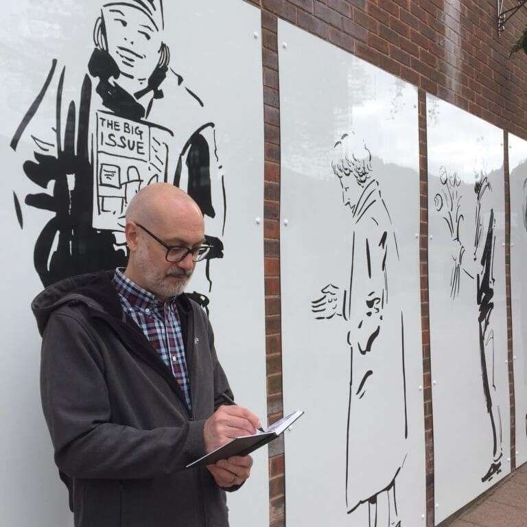 The public exhibition was inspired by everyday scenes David sketched at the precinct