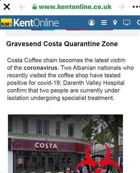 A fake post has been circulating social media claiming the Coronavirus has been reported in the Costa Coffee branch in Gravesend