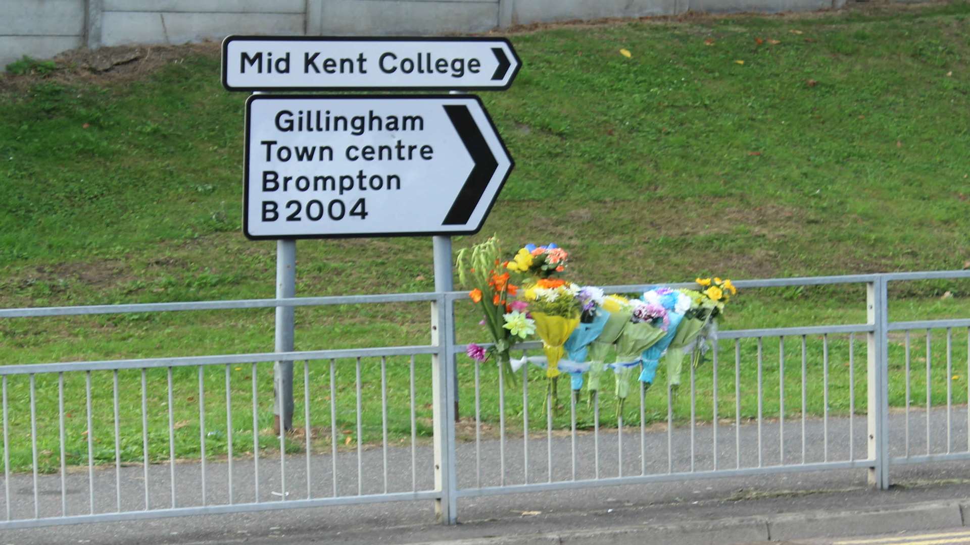 Flowers left at the crash site in Medway Road, Gillingham