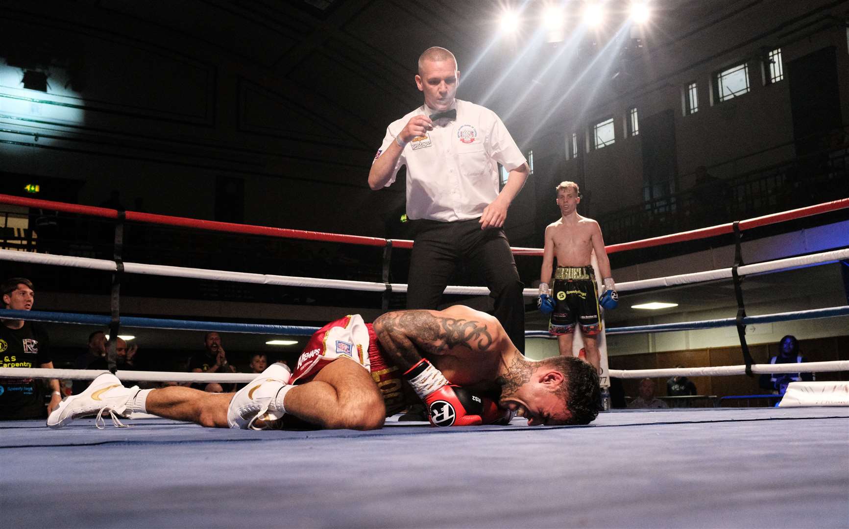 Robert Caswell floors Logan Paling with an uppercut to win at York Hall Picture: hwww.louisjamesphoto.com