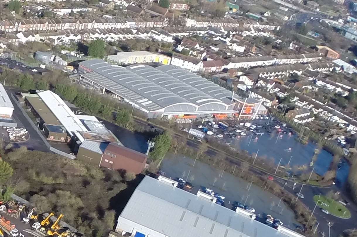 Flood water is seen at the retail park in Ashford. Aerial picture: Dean/Morse Systems