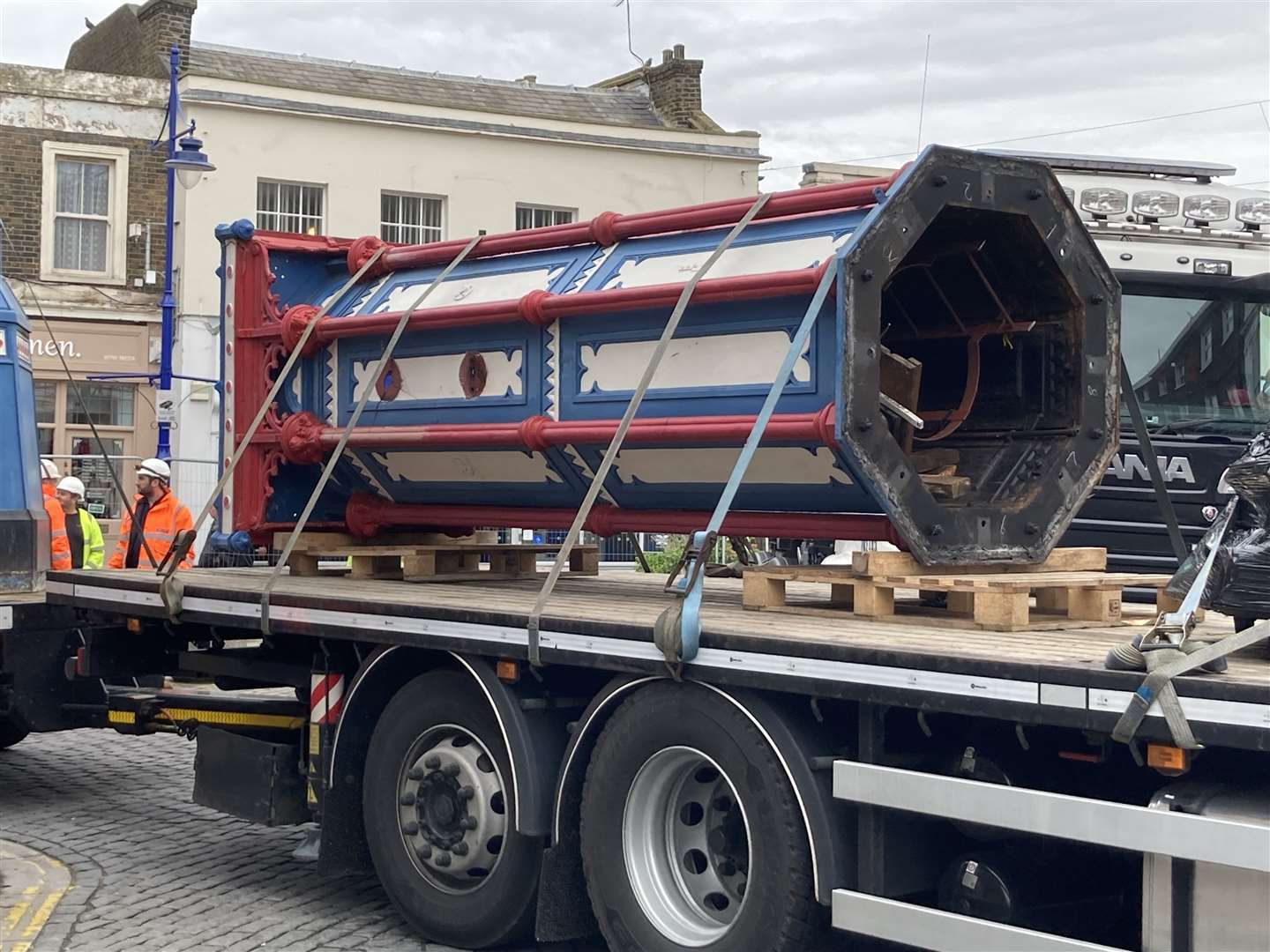 Going: Sheerness clock tower leaving the town on low-loader