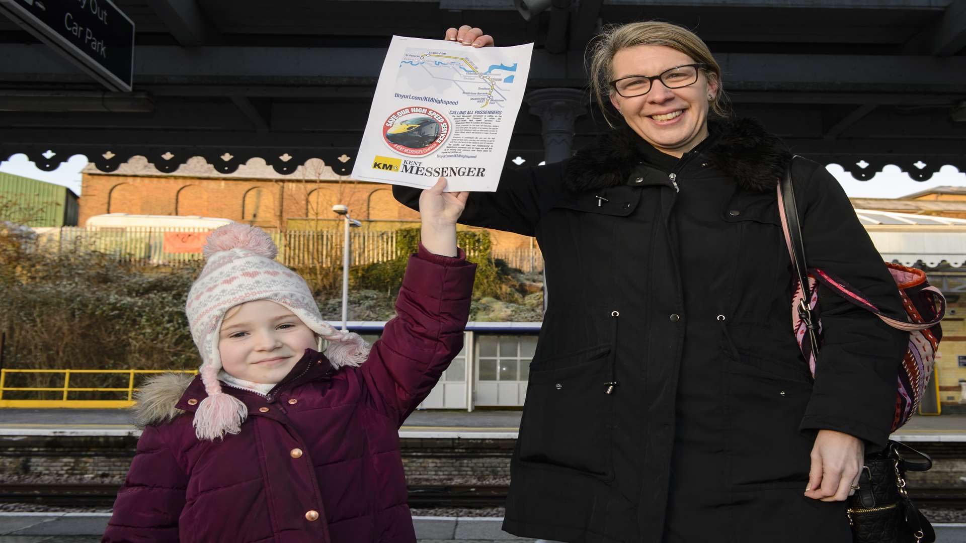 Alice Verbeeren, 5, and Shelley Verbeeren, promoting our campaign to retain the high speed service to St Pancras International.