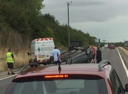 The car on its roof on the A249. Picture: @LBCplumbing