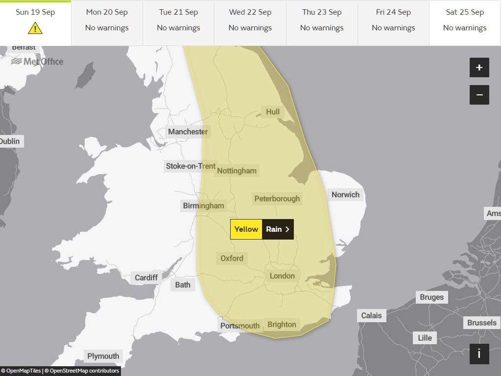 The Met Office warning of heavy rain is in place from noon to midnight on Sunday (51380163)