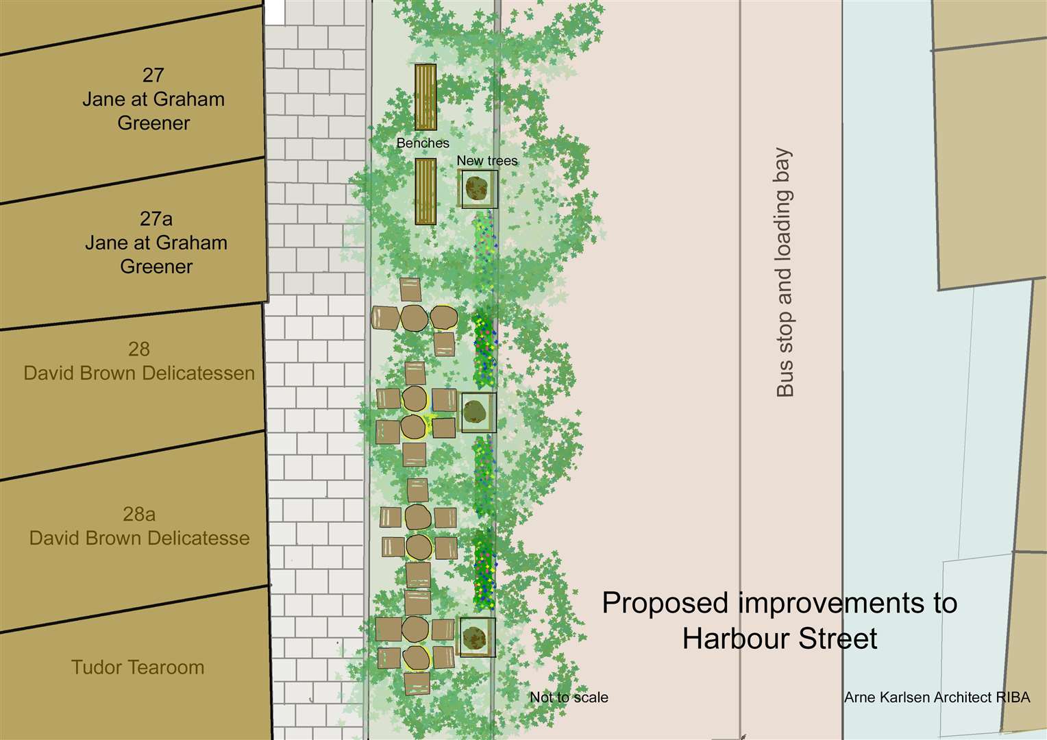 Arne Karlsen's plan to improve Harbour Street and replace parking spaces with a pavement and trees. Picture: Arne Karlsen