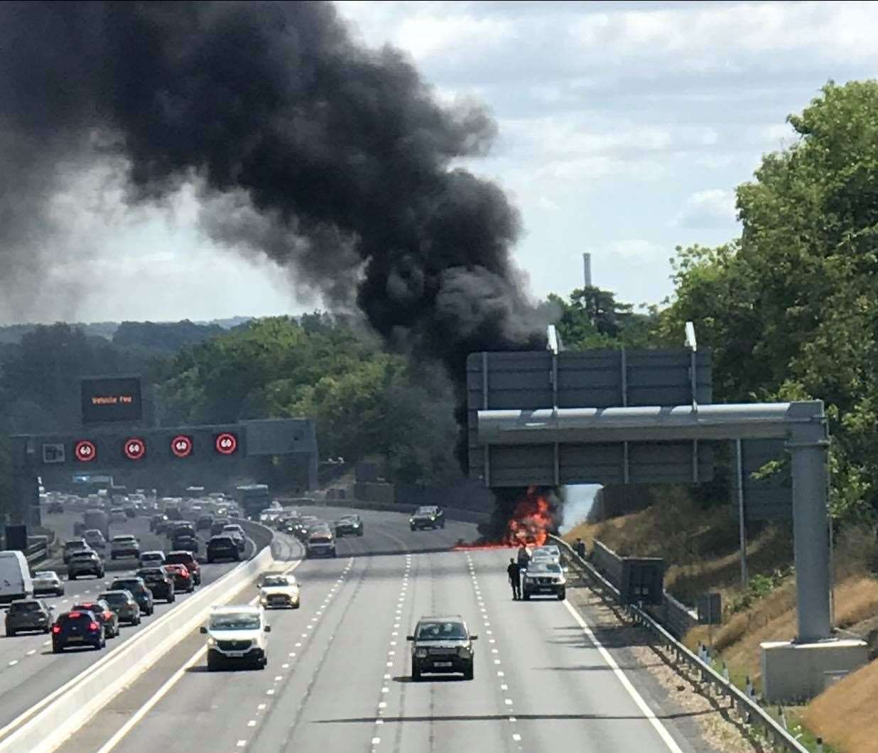 Crews were called to a car fire on the M20 today. Picture by Adam Lee